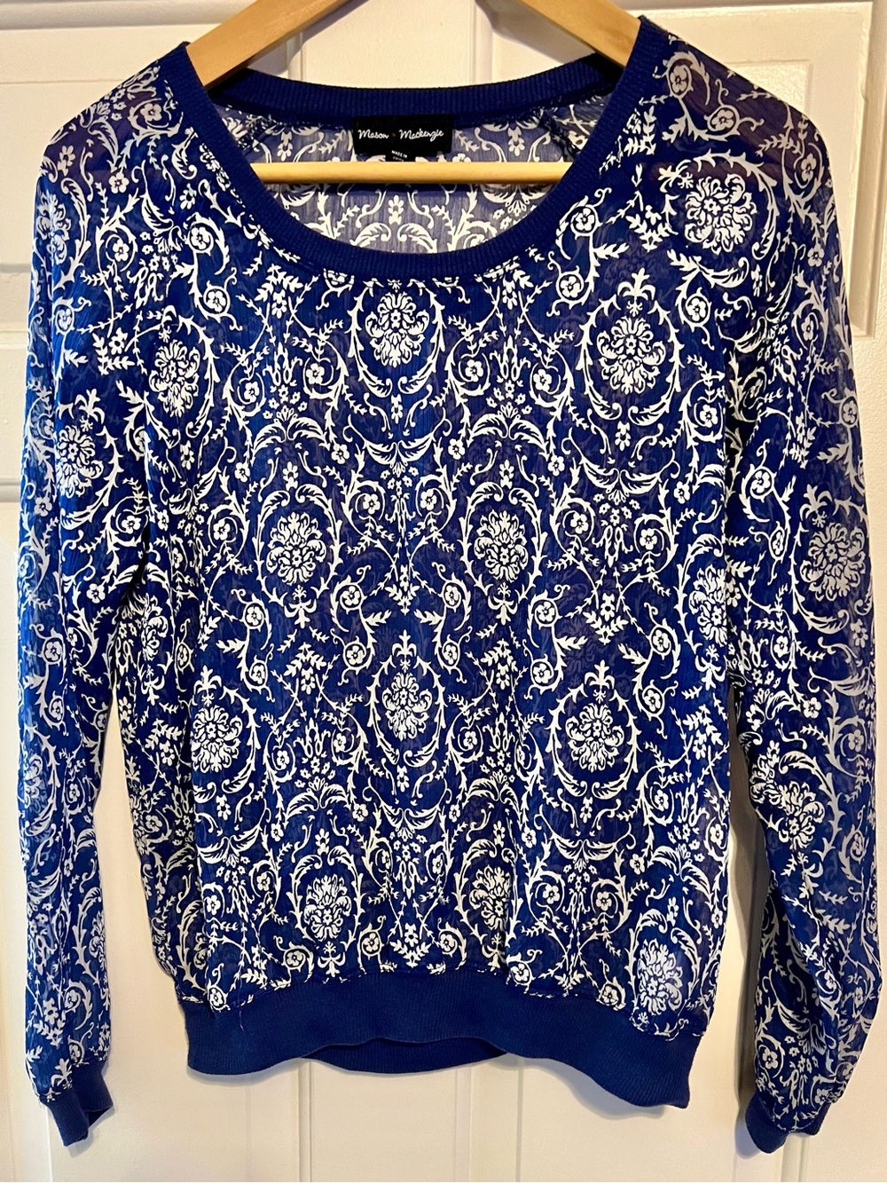 Mason + Mackenzie Royal Blue & White Damask Floral Print Sheer Top - Size S